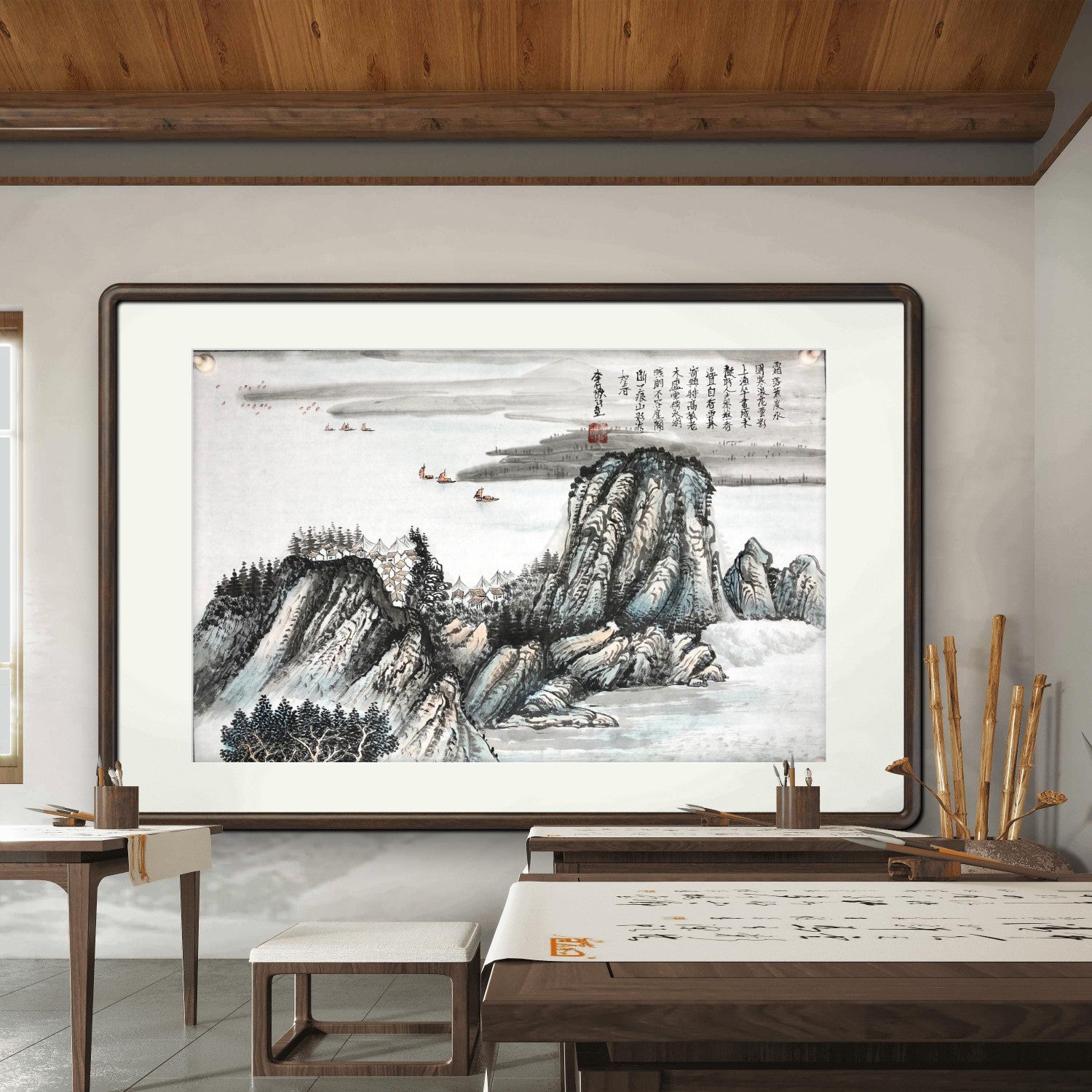 River and Mountain Scenery with Boats and Dwellings