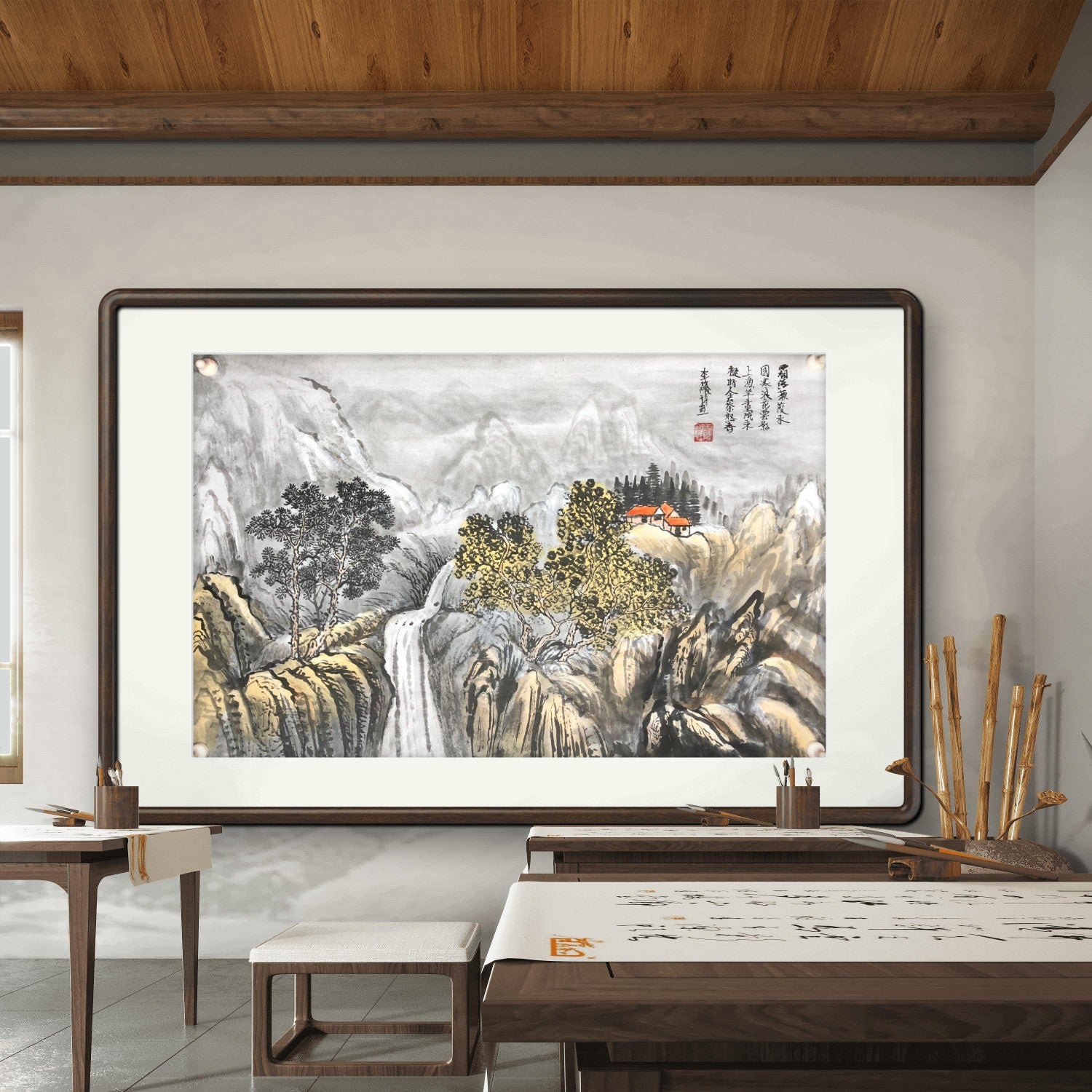 Mountain Landscape with Waterfall and Dwellings