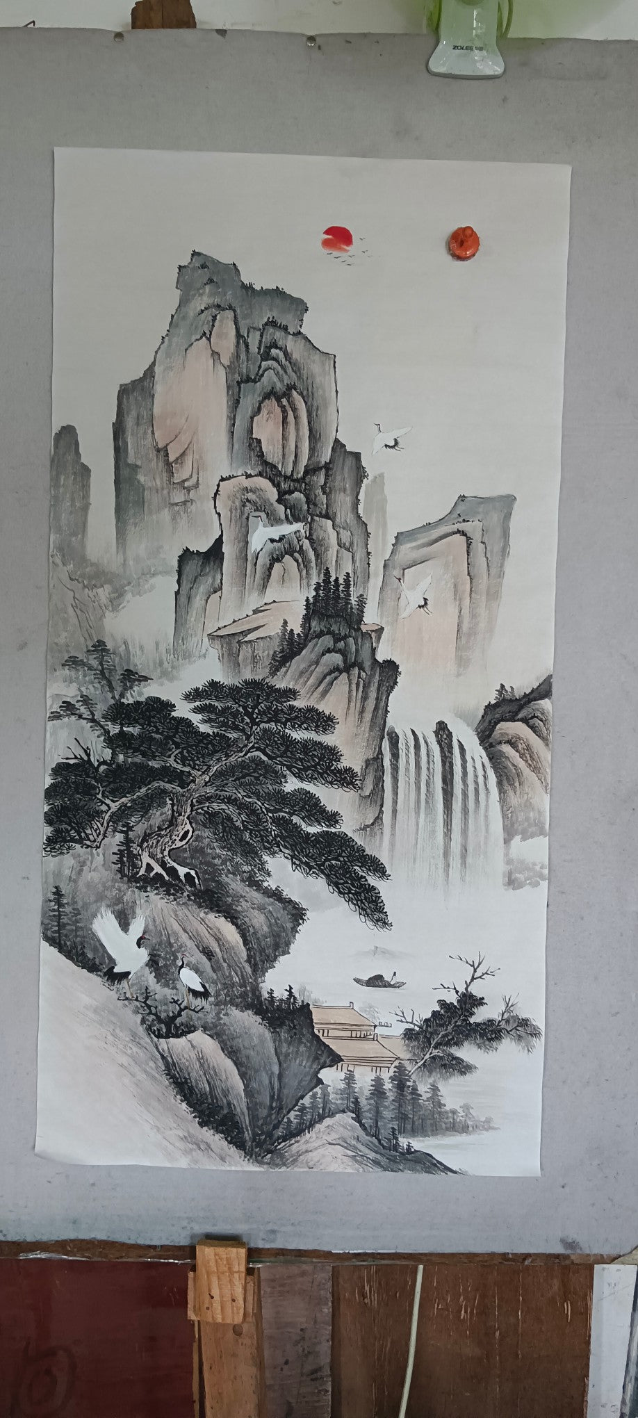 Crane Dance Among Mountains and Waterfalls