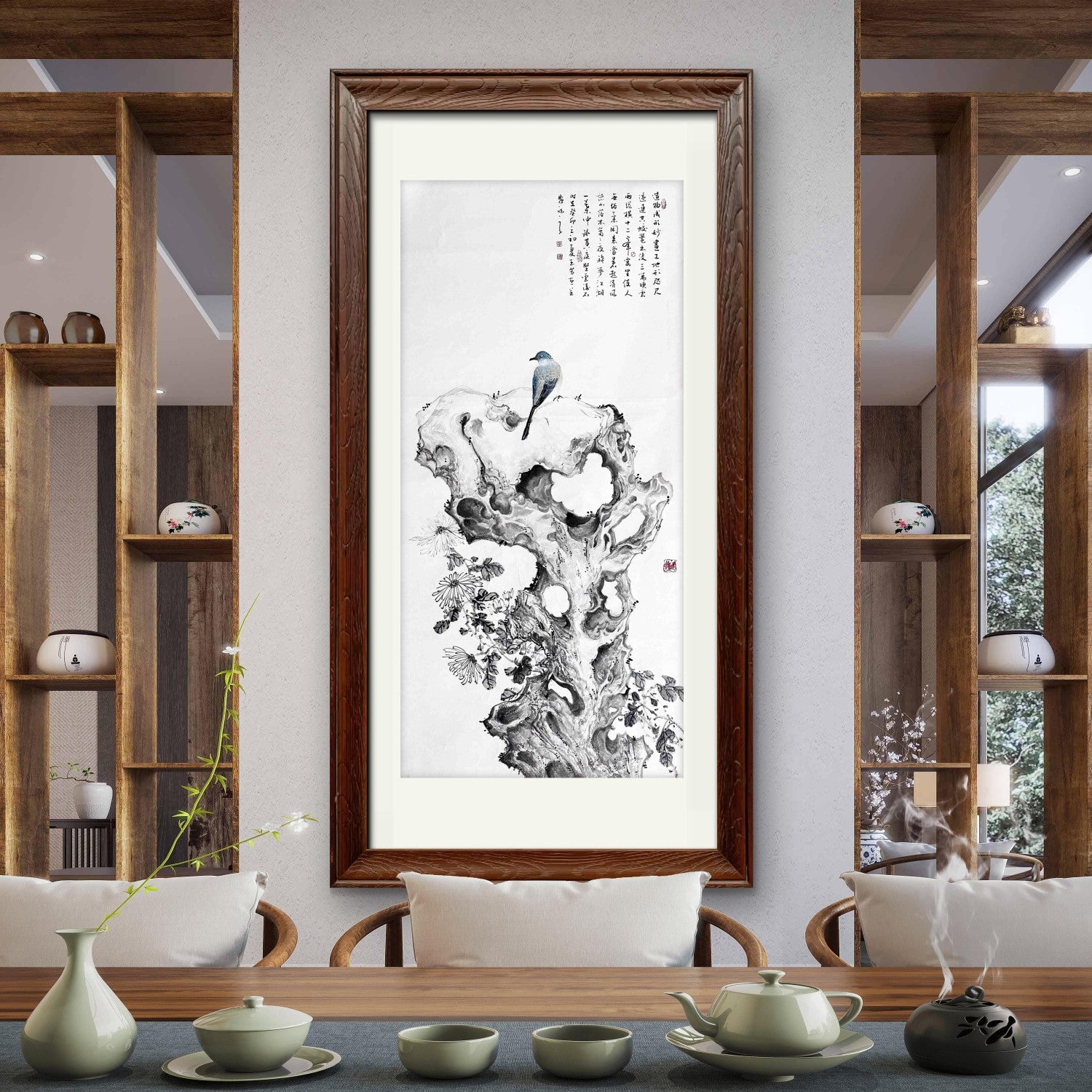 Bird on a Gnarled Rock with Chrysanthemums